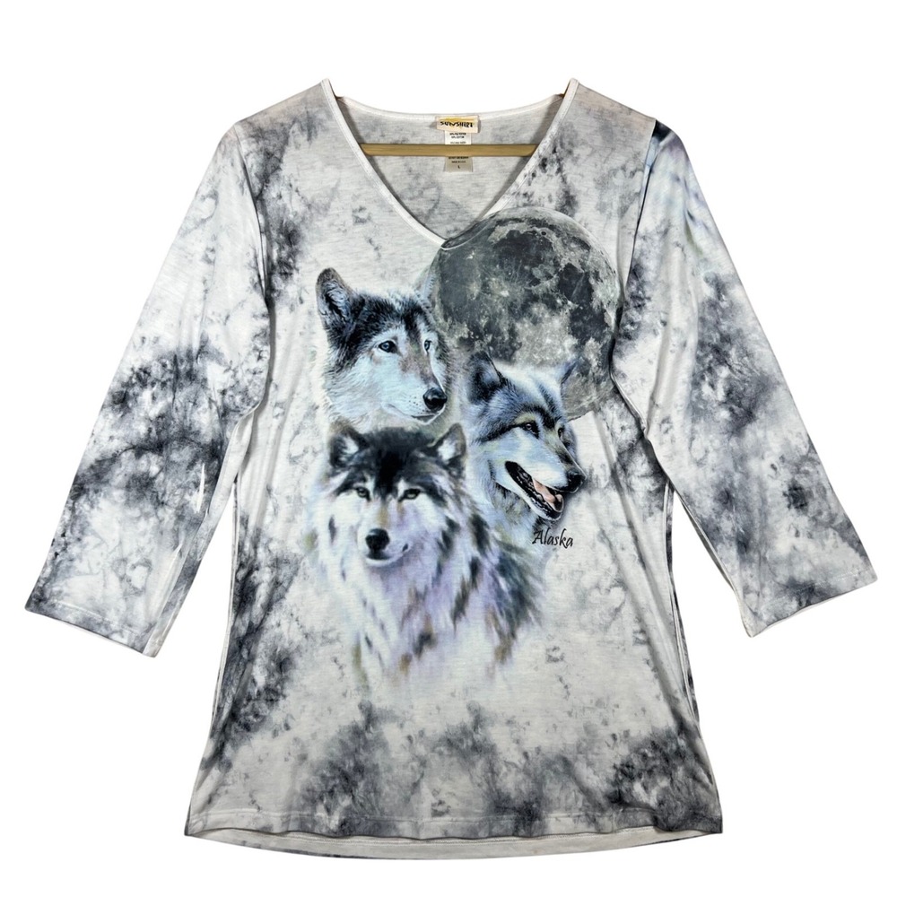 Alaska WOLVES Moon Tie Dye V-Neck 3/4‎ Sleeve Top - Women's L Naturecore Y2K